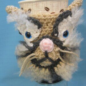 Blue Eyed Kitty Cat  Crochet Cup Cozy Holder